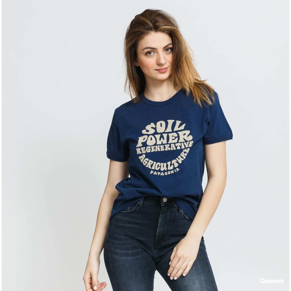 Patagonia Navy Road To Regenerative Ringer Tee Womens XS Regular Fit Organic